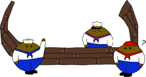 Three hand-drawn characters sitting in a wooden boat.