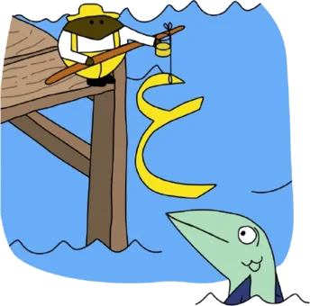 Hand-drawn illustration of two fishermen on a jetty over bright blue water.