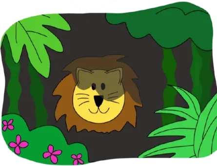 Hand-drawn illustration of a lion resting in dark jungle leaves.