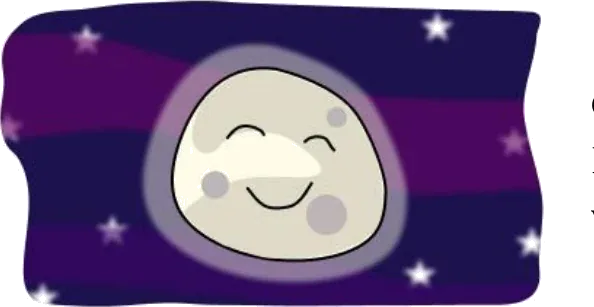 A hand-drawn smiling moon in a purple starry sky.