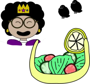 Hand-drawn illustration of the Queen of Hurufland beside a salad shaped like an Arabic letter.