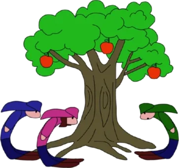 A hand-drawn apple tree with two snake characters.